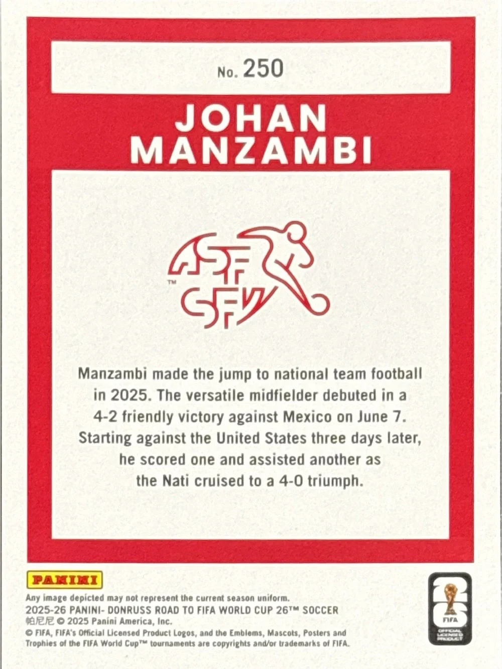 Panini Donruss Johan Manzambi Rookie Soccer Trading Card